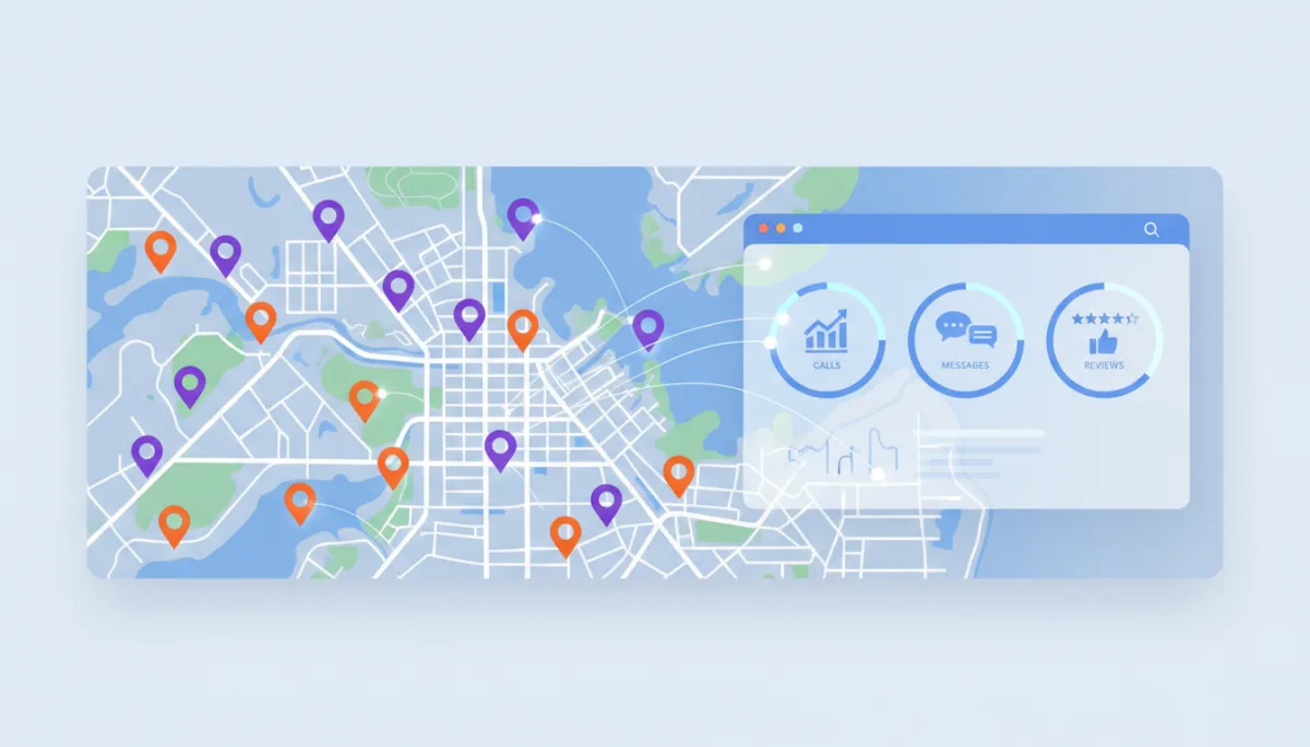 Map of a Canadian city with highlighted local business pins connected to a CRM dashboard showing calls, messages, and reviews