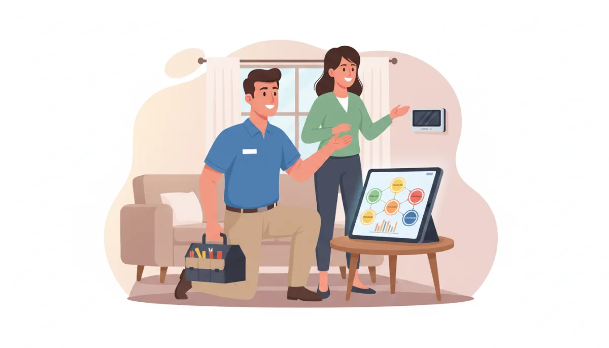 Home services technician at a customer’s house, while a tablet nearby shows a CRM pipeline with stages from new lead to job completed