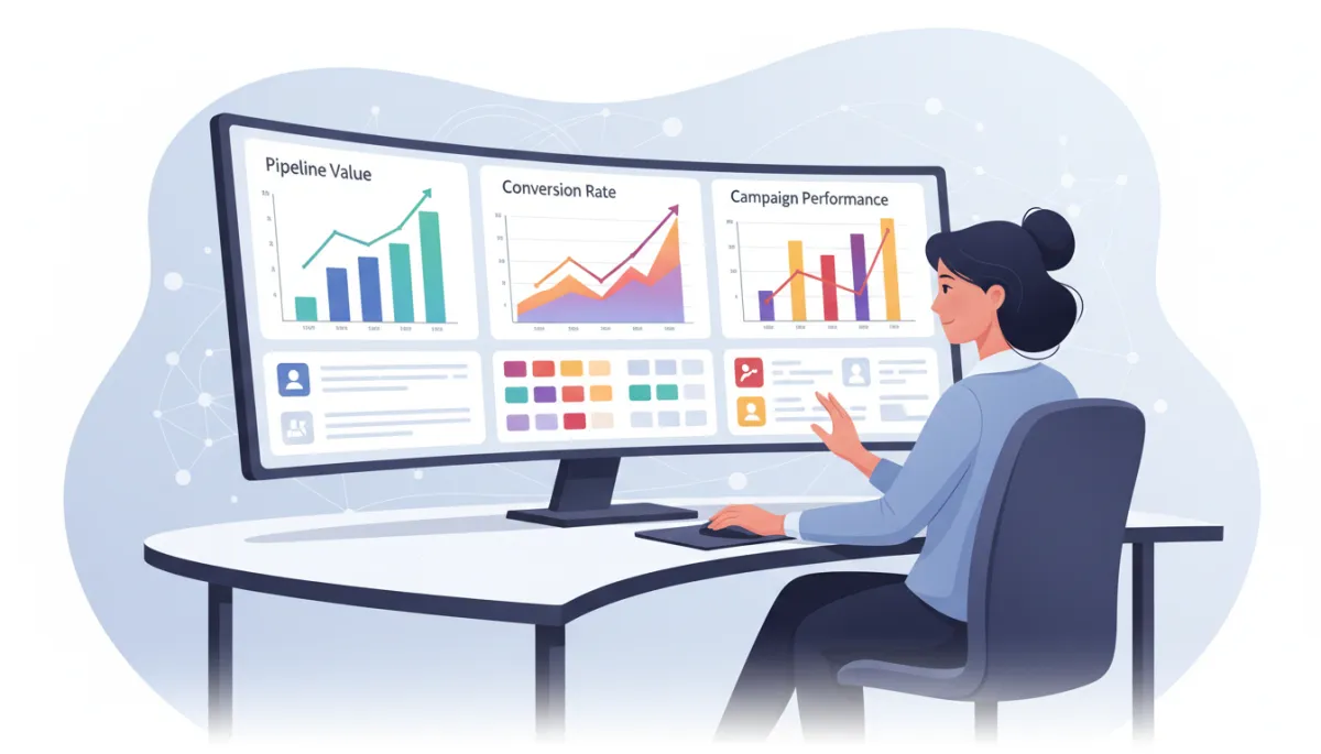 Agency operations manager reviewing CRM reports on a large monitor, with charts for pipeline value, conversion rate, and campaign performance