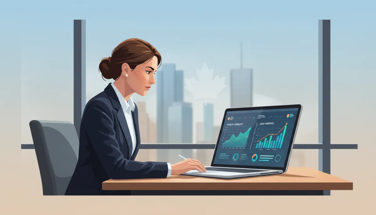 Canadian small business owner reviewing AI-driven analytics dashboard on a laptop in a modern office, charts showing search visibility and lead growth, subtle Canadian city skyline through the window