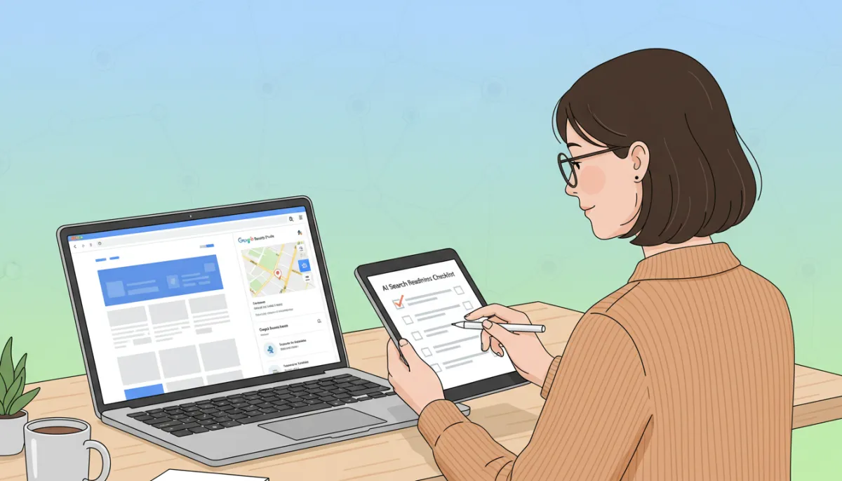 Canadian marketing manager filling out an AI search readiness checklist on a tablet, with website and Google Business Profile open on a nearby laptop