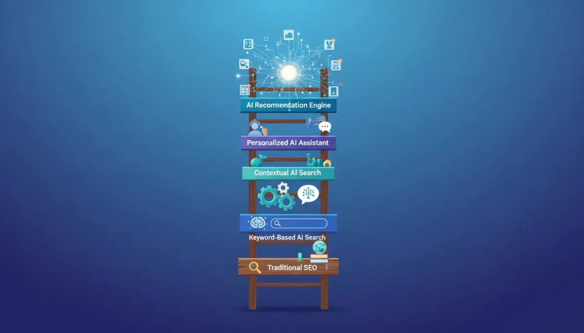 Clean vertical ladder-style infographic showing five AI search maturity stages from Traditional SEO at the bottom to AI Recommendation Engine at the top