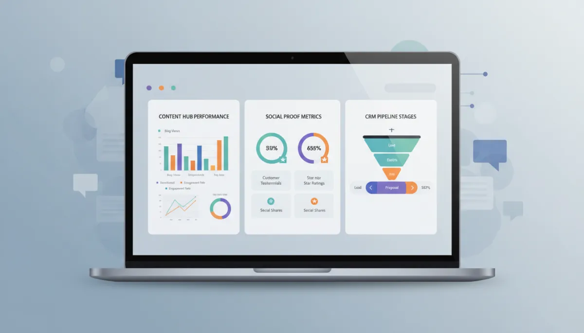 Marketing dashboard on a laptop showing content hub performance, social proof metrics, and CRM pipeline stages side by side