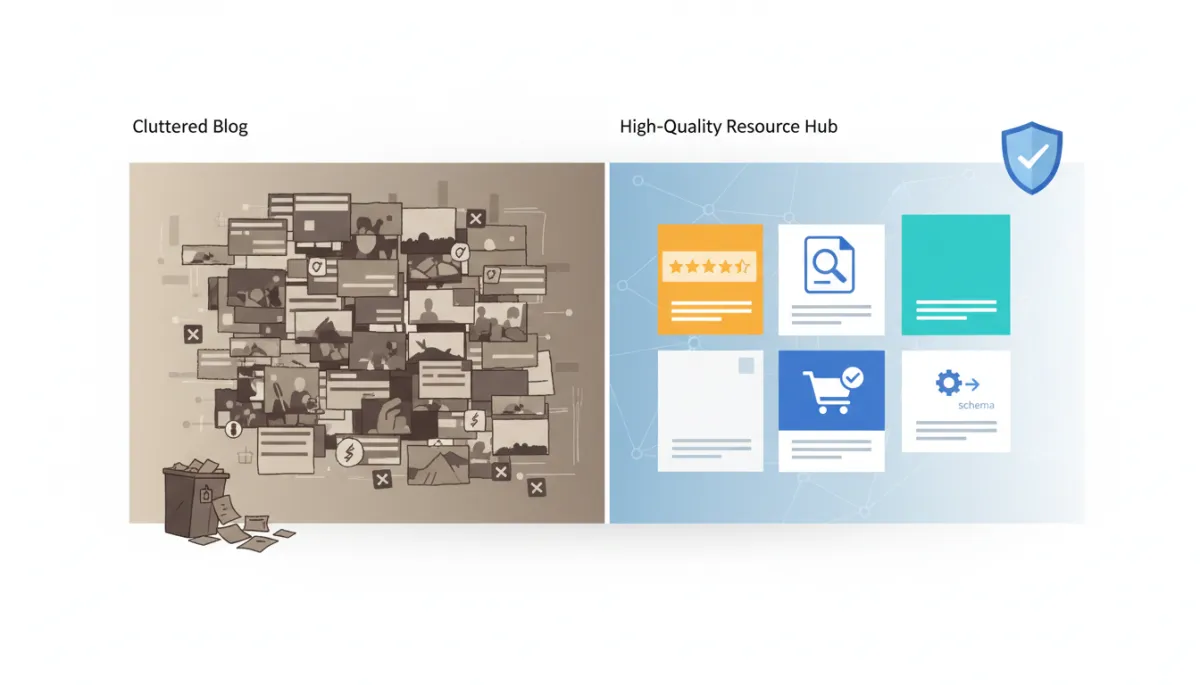 Split-screen showing a cluttered blog with many low-quality posts on one side and a concise, high-quality resource hub with reviews and schema icons on the other