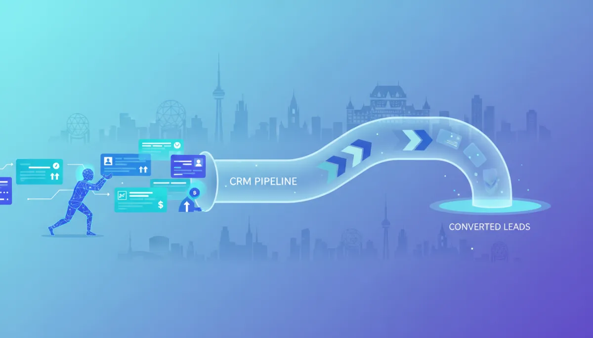 Concept illustration of AI agents and recommendation cards flowing into a CRM pipeline representing leads, with Canadian city icons in the background