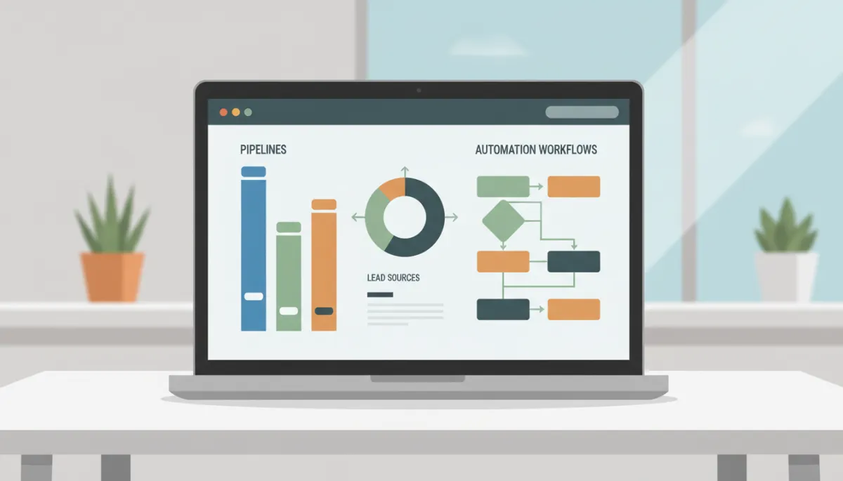 professional neutral-toned dashboard view of a branded CRM showing pipelines, lead sources, and automation workflows, viewed on laptop in clean office setting