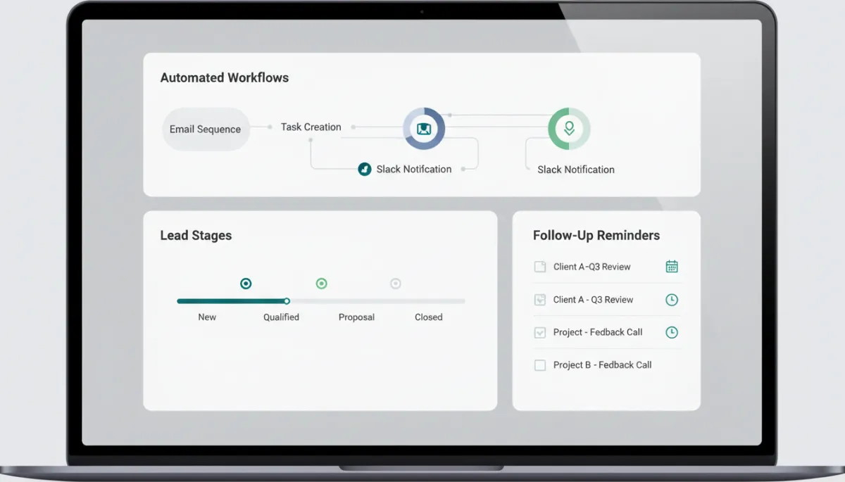 CRM dashboard showing automated customer workflows and lead stages