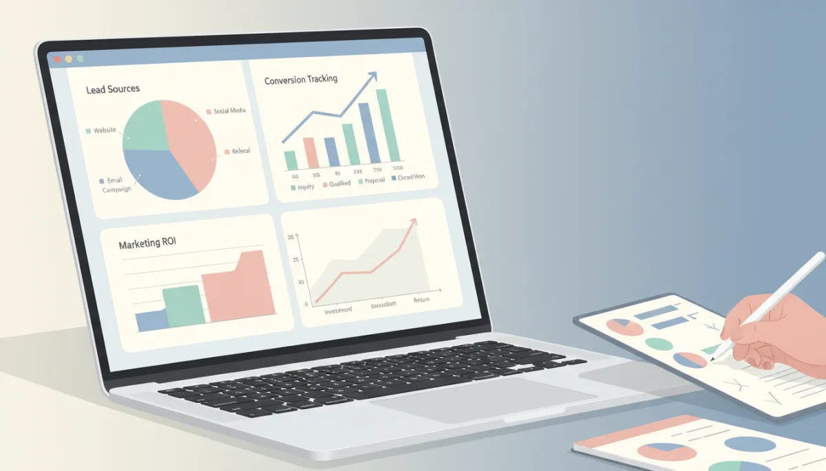Close-up of CRM analytics dashboard showing lead tracking and marketing ROI metrics Close-up of CRM analytics dashboard showing lead tracking and marketing ROI metrics