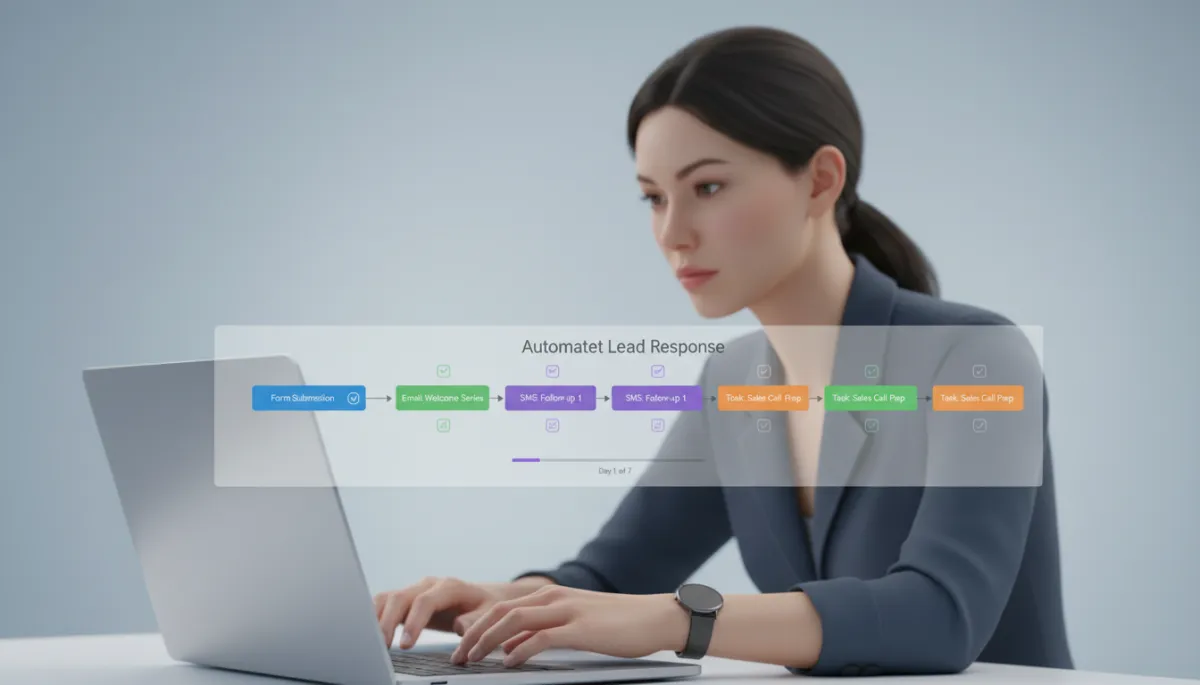 Marketing manager reviewing an automated lead response timeline