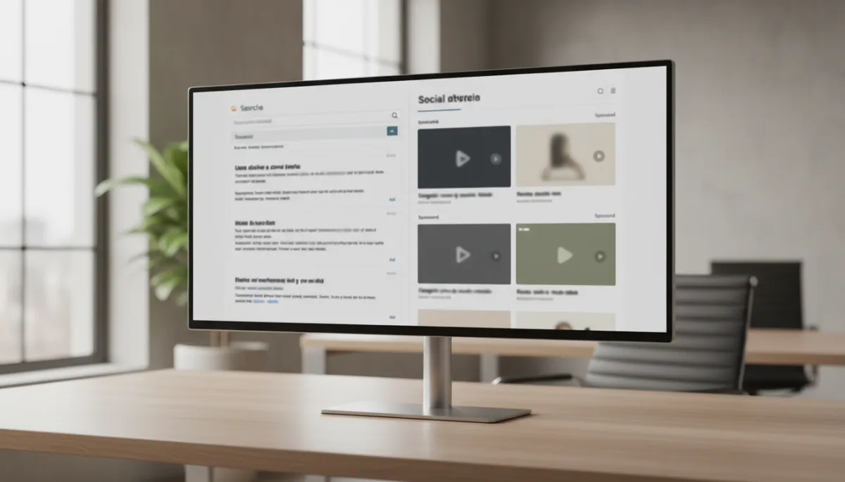 Side-by-side comparison of search ads and social media ads on a monitor