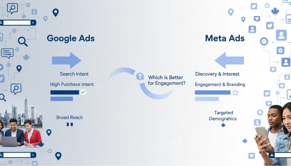 Incorporate relevant visuals or infographics to illustrate key comparisons between Google Ads and Meta Ads for better engagement. [Brand guidelines: use brand color palette #667085, #FFFFFF]. Context: This is for a blog post about "Google Ads vs Meta Ads in Canada: Which Is Better for Your Business?". Style: Professional quality, photorealistic, high resolution