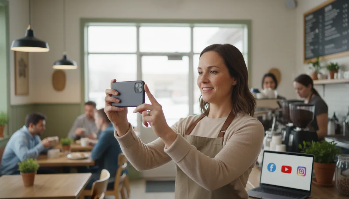 Alberta café owner recording a short-form social media video on a smartphone