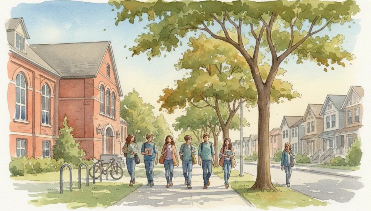 Students walking near a Calgary school in a tree-lined neighbourhood