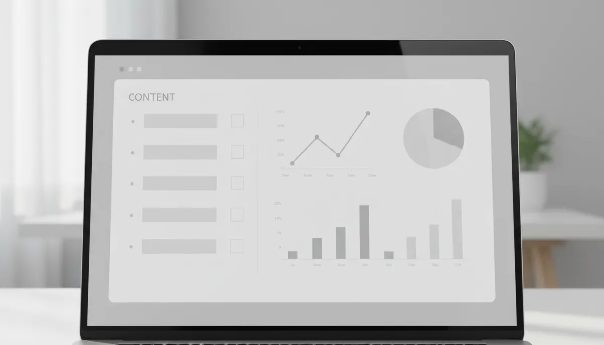 Laptop displaying structured content strategy and performance analytics in a professional workspace