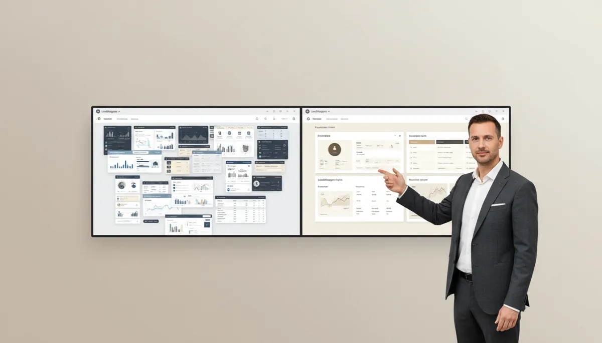Side-by-side comparison of a cluttered tech stack and a unified CRM dashboard