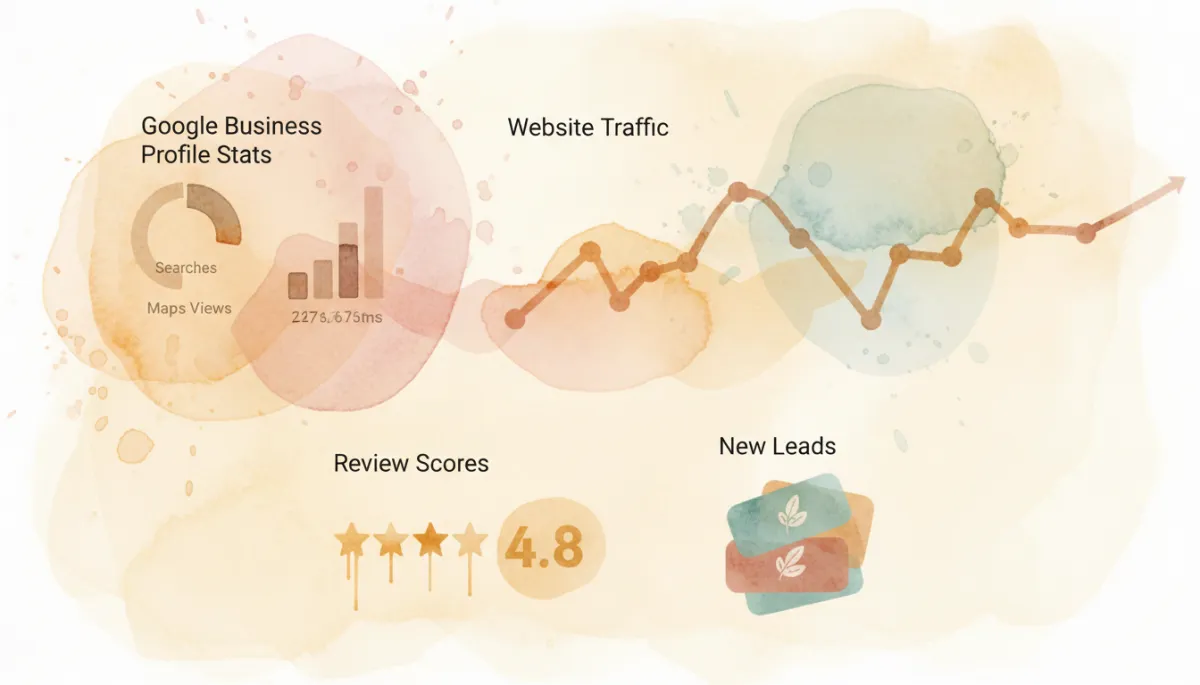 Integrated dashboard showing local SEO performance, reviews, and lead tracking