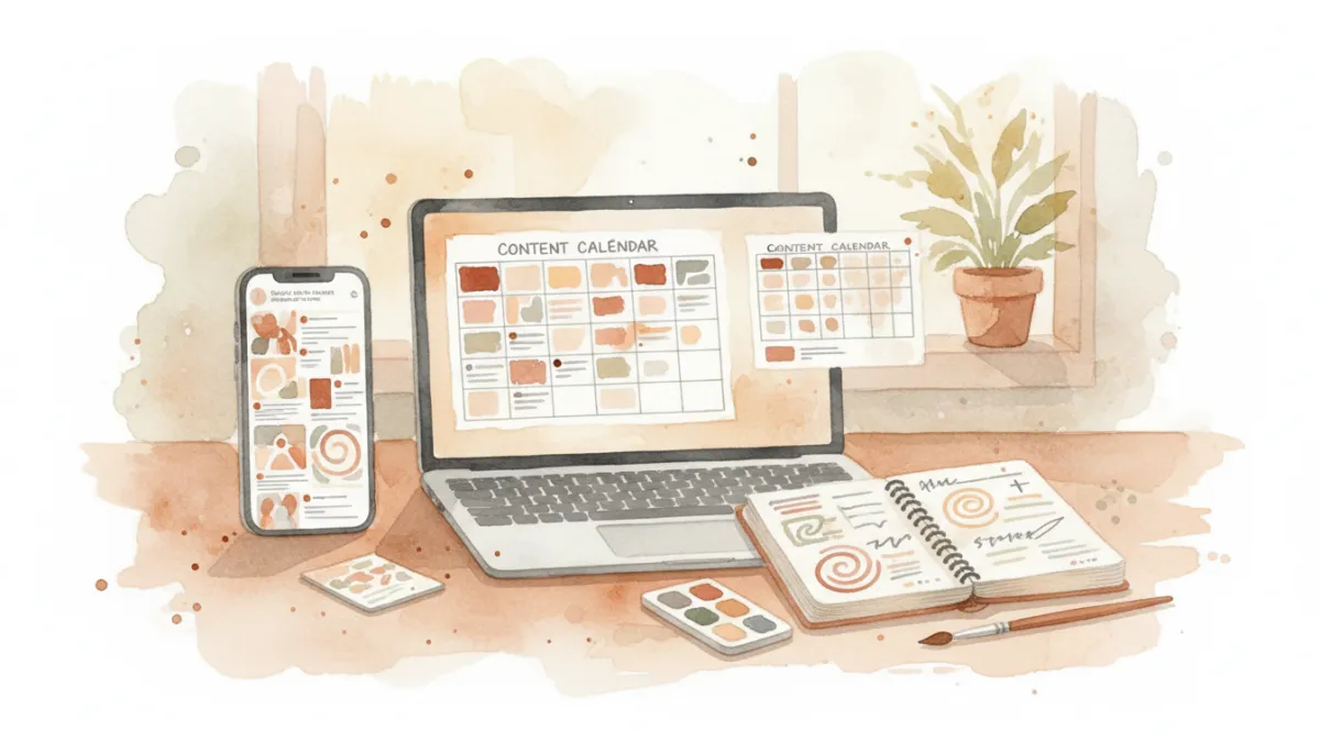 Workspace with a digital content calendar and social post previews