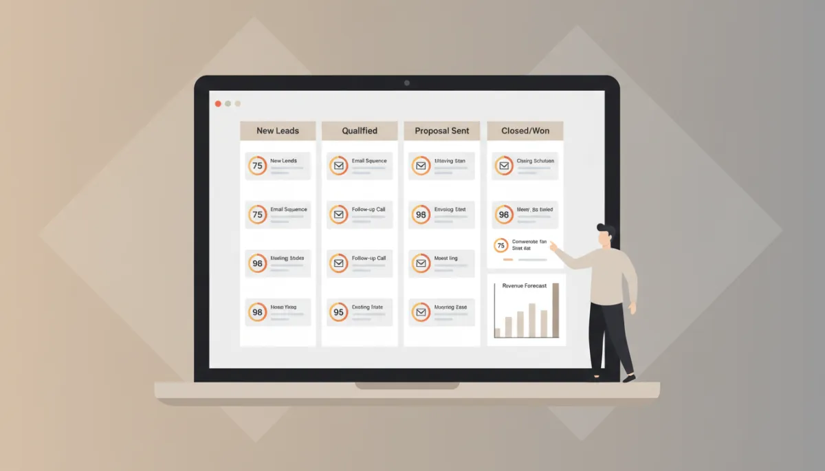 AI CRM dashboard showing pipeline stages, lead scores, and automated tasks in a professional neutral design AI CRM dashboard showing pipeline stages, lead scores, and automated tasks in a professional neutral design