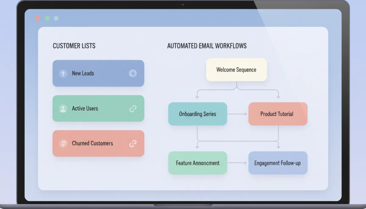 CRM screen showing segmented customer lists and automated workflows
