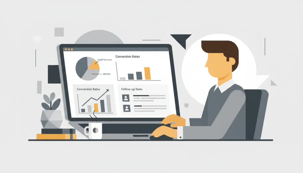 Business owner reviewing a CRM dashboard with lead and conversion metrics Business owner reviewing a CRM dashboard with lead and conversion metrics