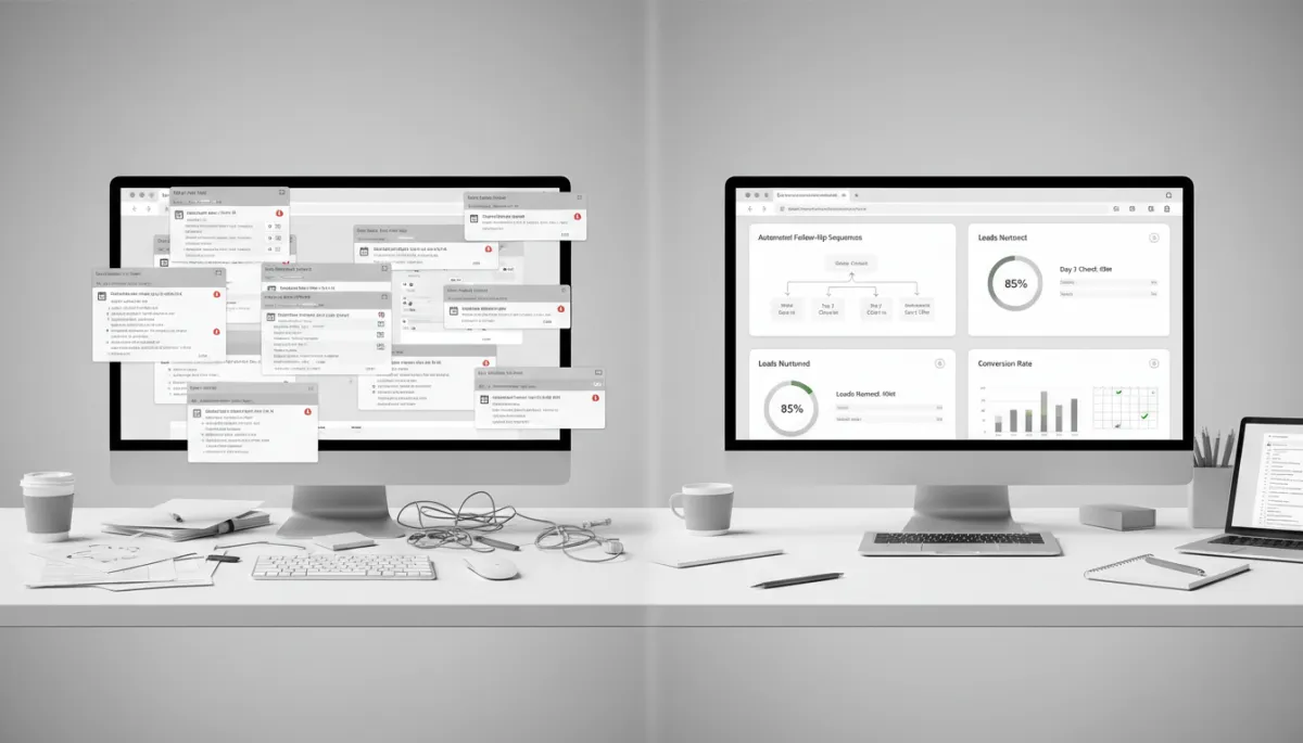 Comparison between messy manual lead inbox and organized CRM with automated follow-ups