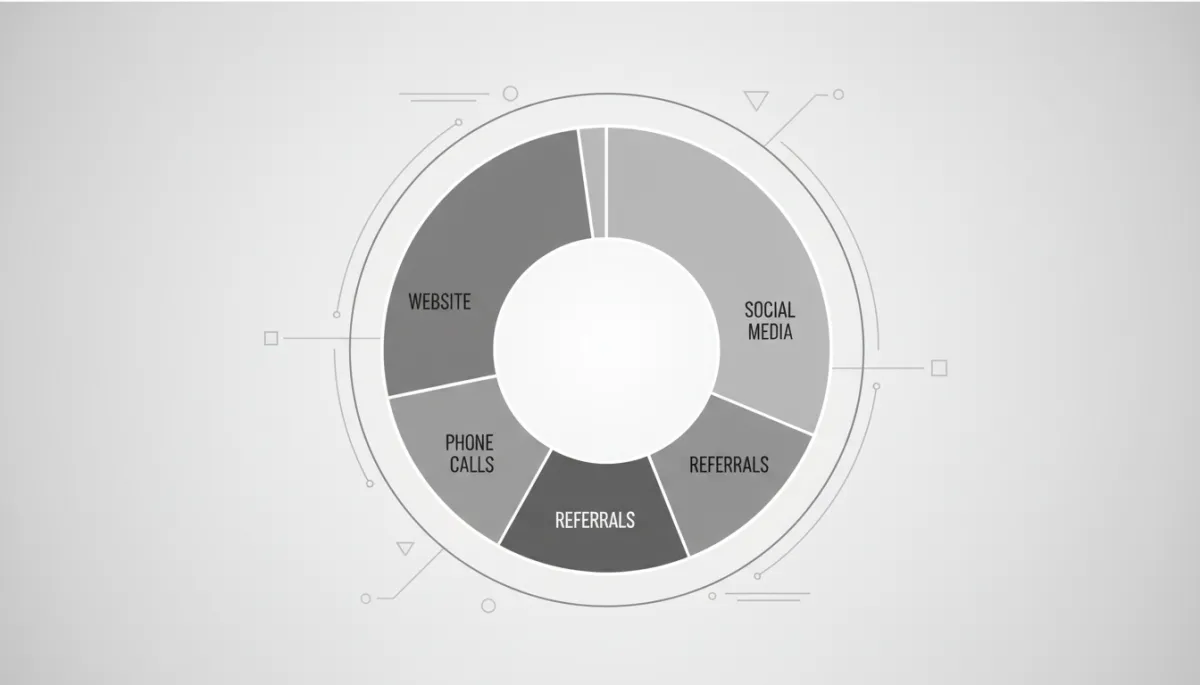 Donut chart infographic labeled Website, Social Media, Referrals, Phone Calls, Events showing distribution of lead sources for a typical Canadian small business in clean gray and white style