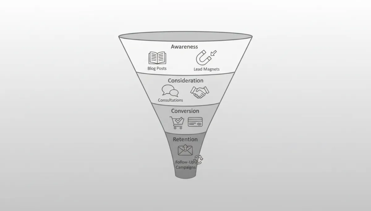 Vertical funnel diagram with stages Awareness, Consideration, Conversion, Retention showing example touchpoints like blog posts, lead magnets, consultations, and follow-up campaigns in a clean gray and white business style