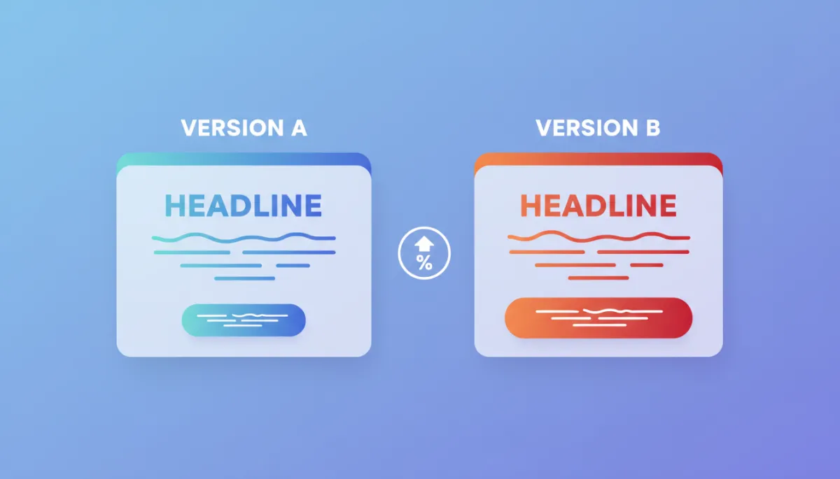 Side-by-side comparison graphic of two landing page mockups labeled Version A and Version B with different headlines and CTAs, including uplift percentage callout