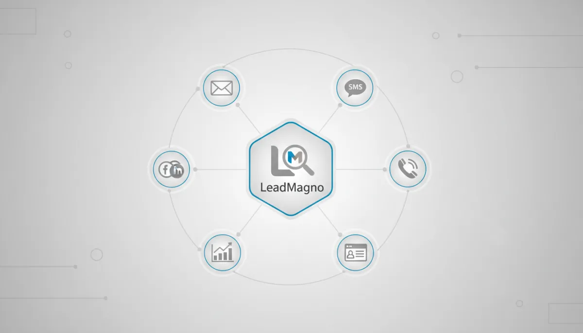 Central CRM icon labeled LeadMagno connected by lines to icons for email, SMS, phone, website, social media, and analytics in a clean gray and white network diagram