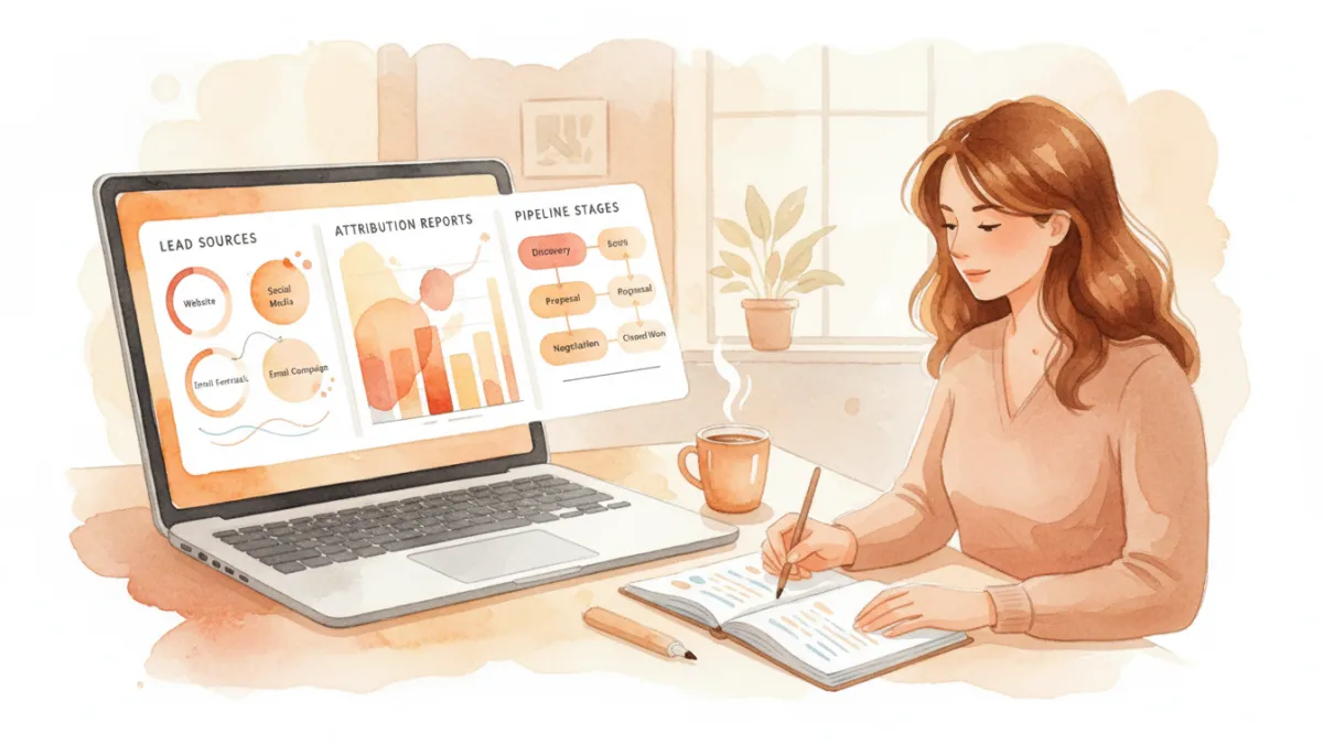 Marketing manager reviewing lead attribution and pipeline metrics on a CRM dashboard