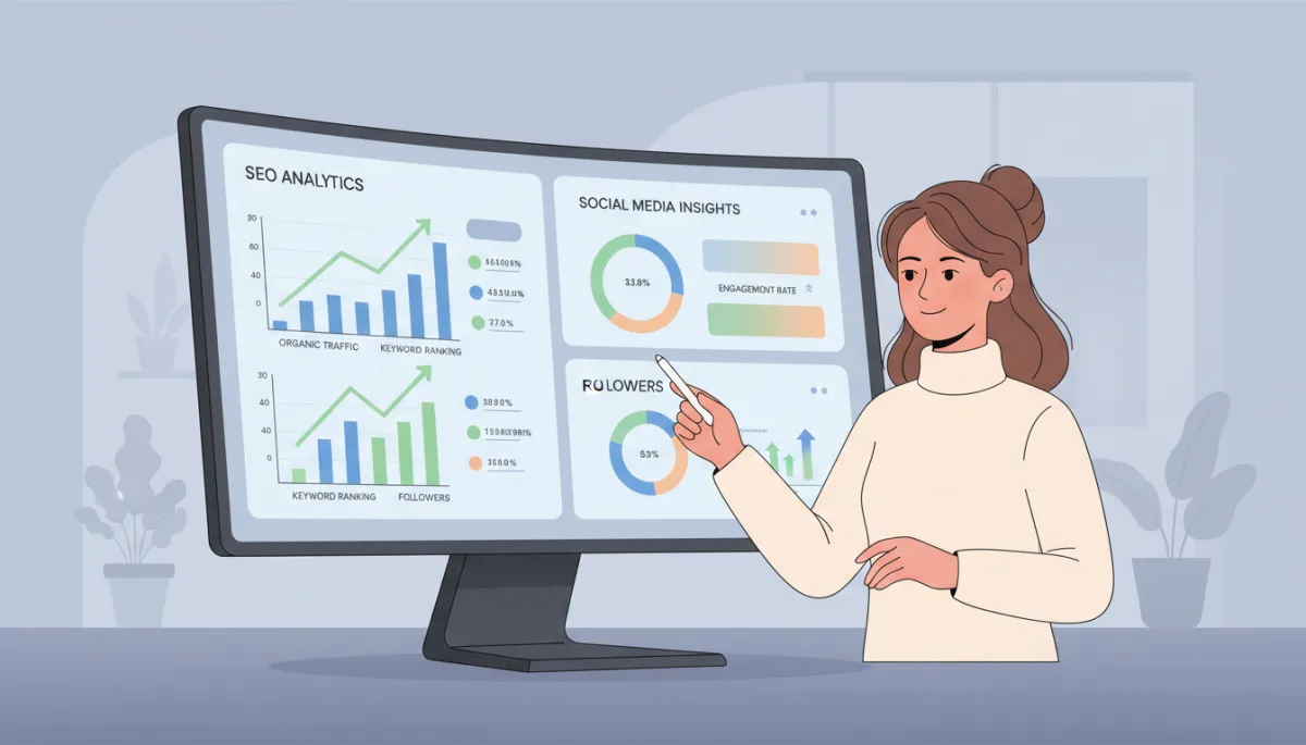 Marketing manager reviewing SEO strategies and social media metrics performance