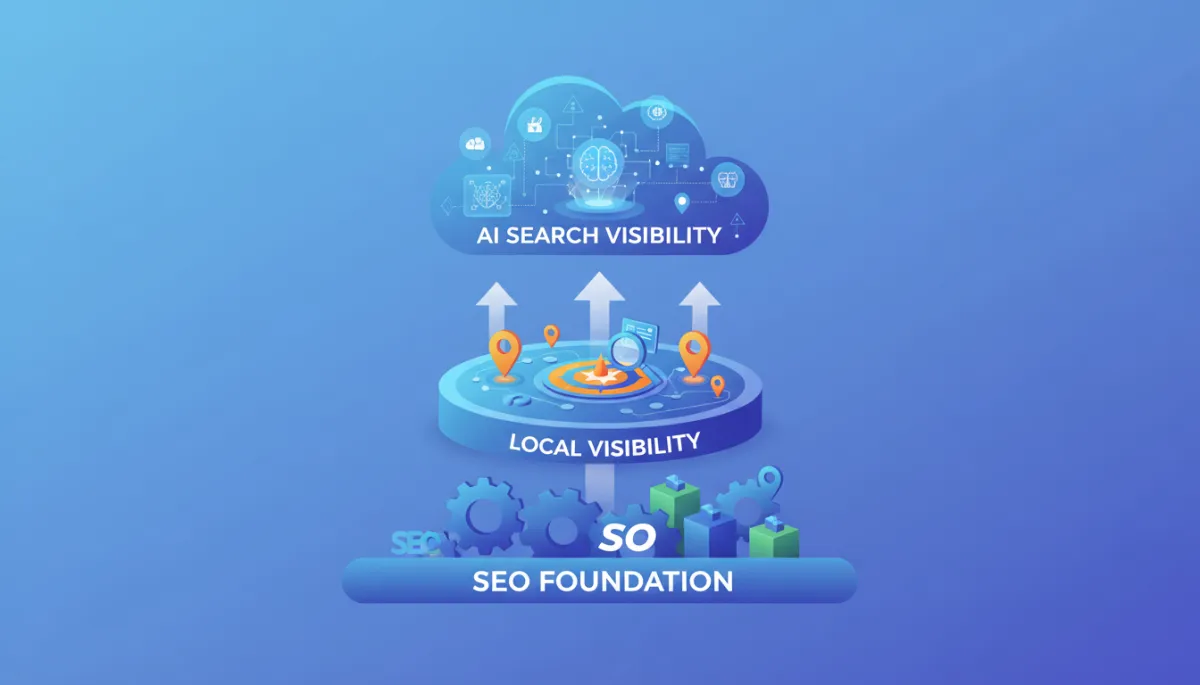 Layered diagram illustrating how foundational SEO, local visibility, and AI search visibility build on one another.