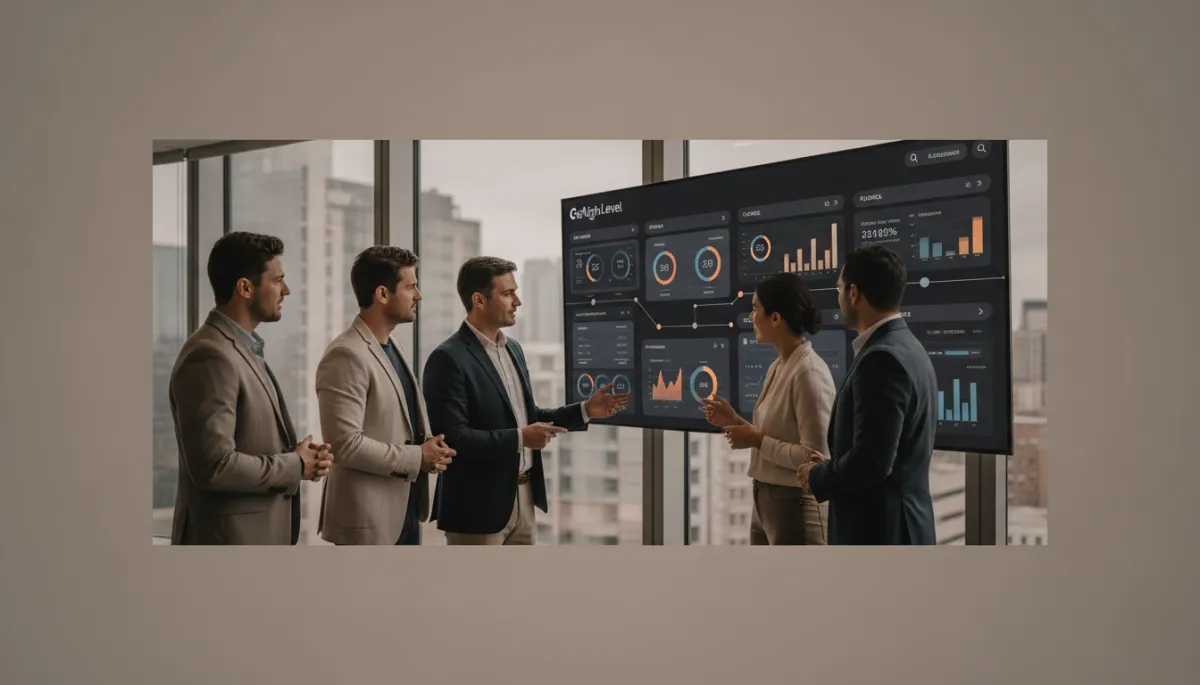 professional neutral-toned agency team in modern office reviewing analytics on large screen showing GoHighLevel-style unified dashboard with CRM, funnels, and automation metrics