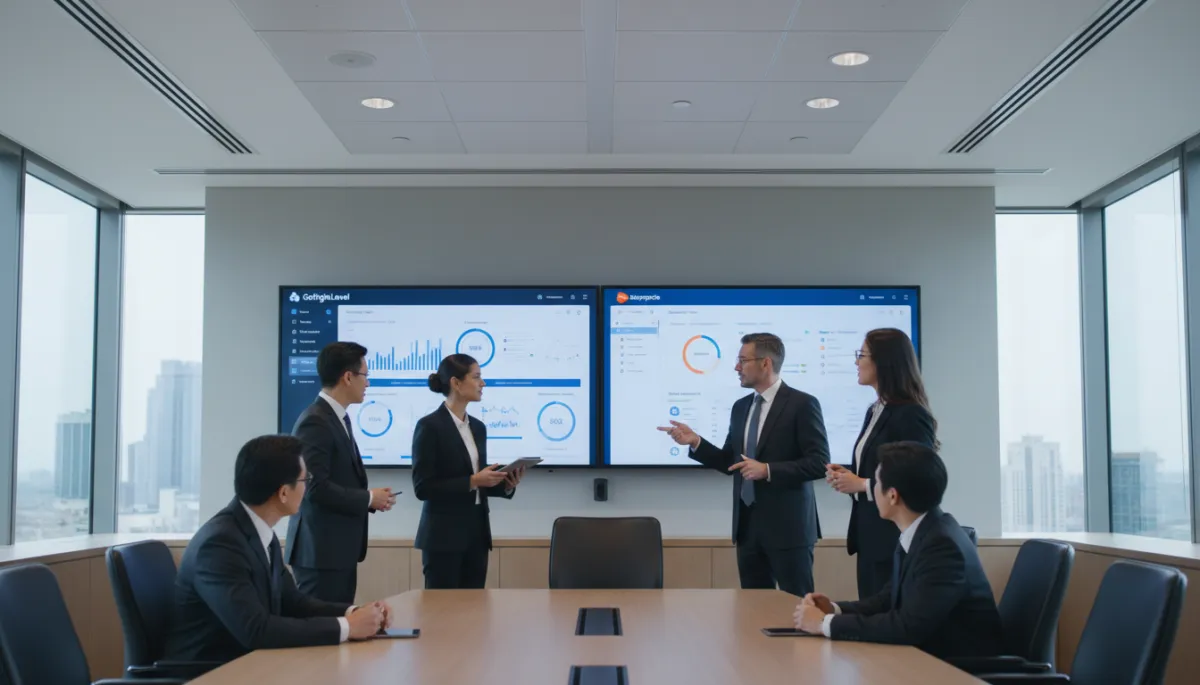 professional neutral-toned office boardroom with two large screens side by side, one showing a sleek GoHighLevel dashboard and the other a Salesforce interface, diverse team in business attire discussing CRM metrics