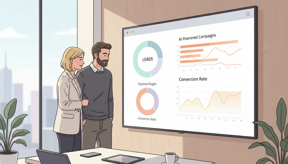 professional neutral-toned office with a marketing manager and small business owner reviewing an AI-powered CRM dashboard on a large screen, charts of leads, pipeline stages, and automated campaigns visible, clean and modern design