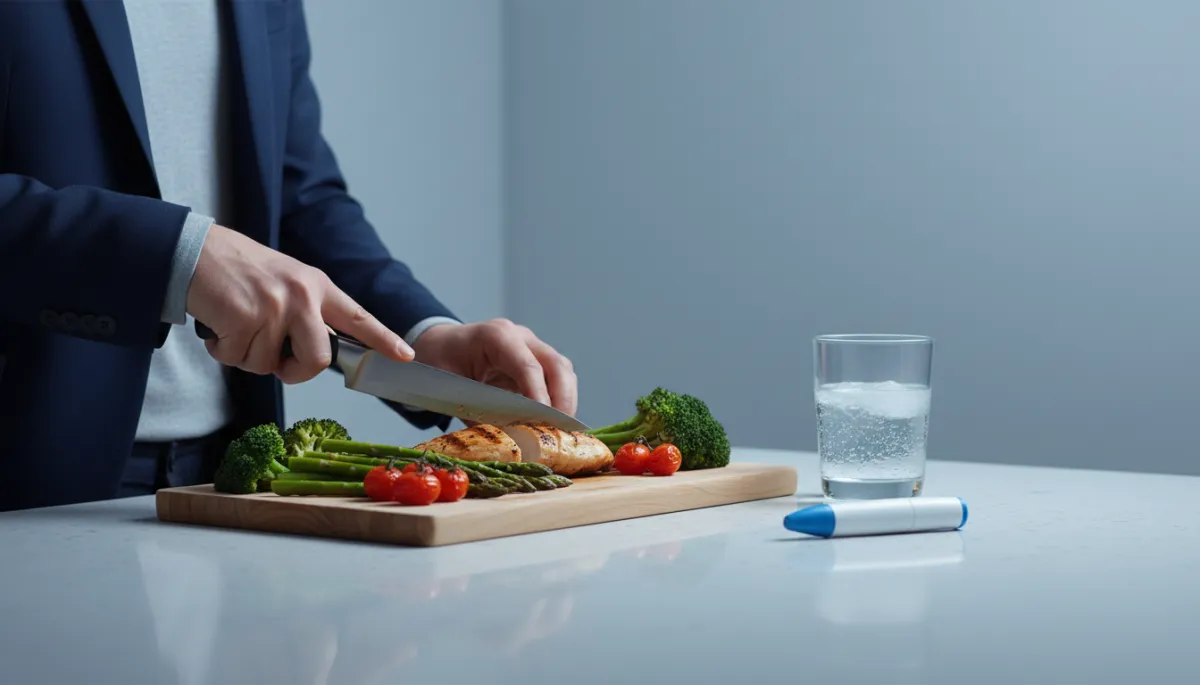 Balanced meal and GLP-1 injection pen on a kitchen counter