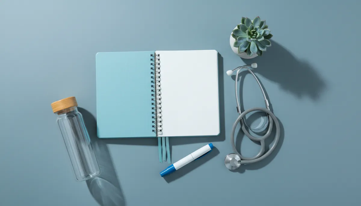 Desk with wellness journal, GLP-1 pen, and holistic health items