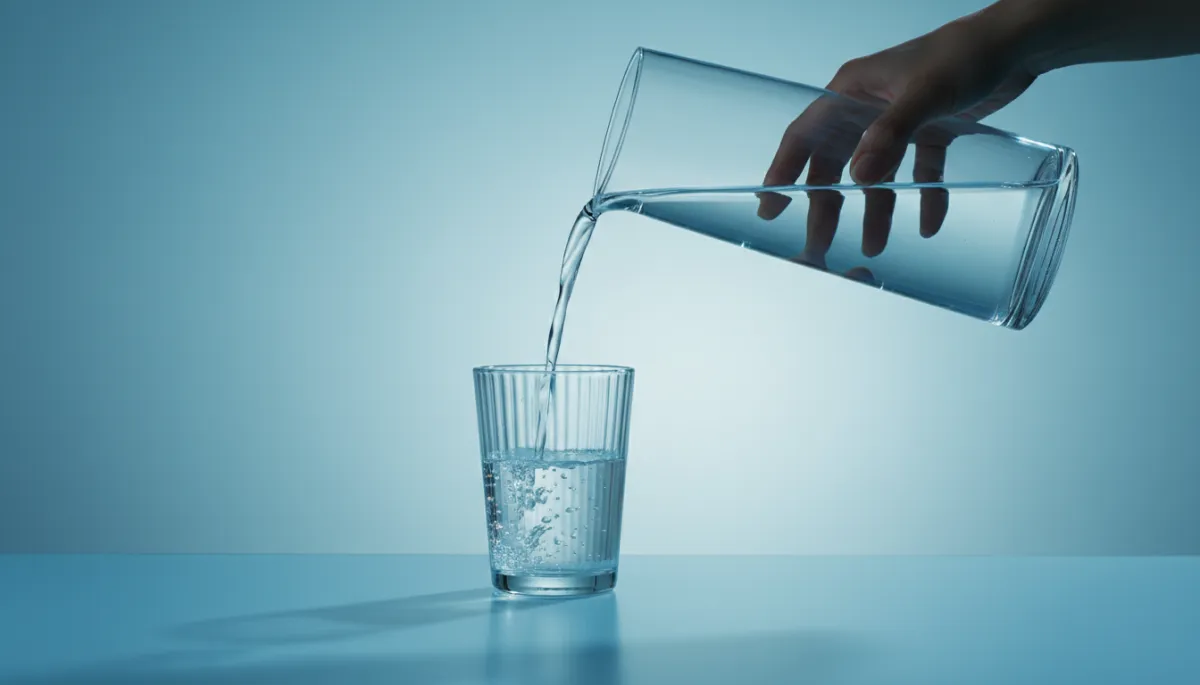 Pouring clear water from a modern carafe into a glass on a cool-toned table