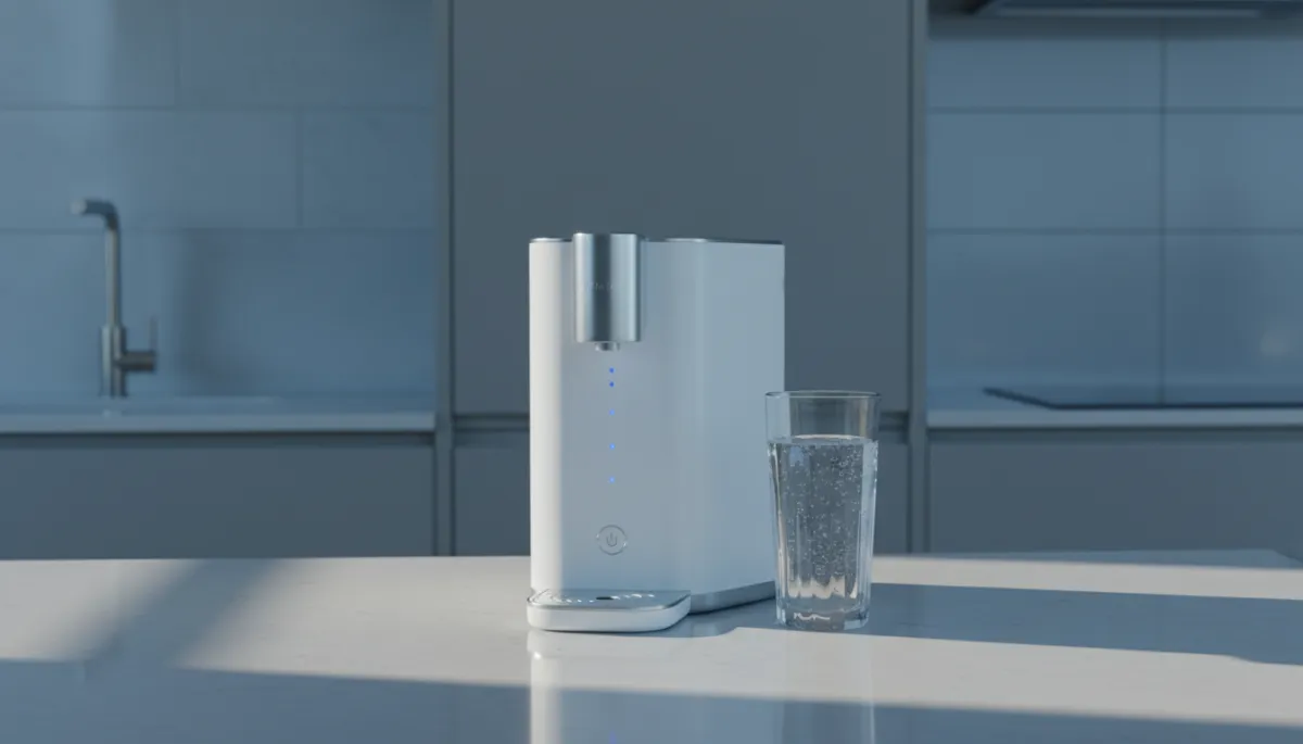Hydrogen water generator on a modern countertop with a glass of water