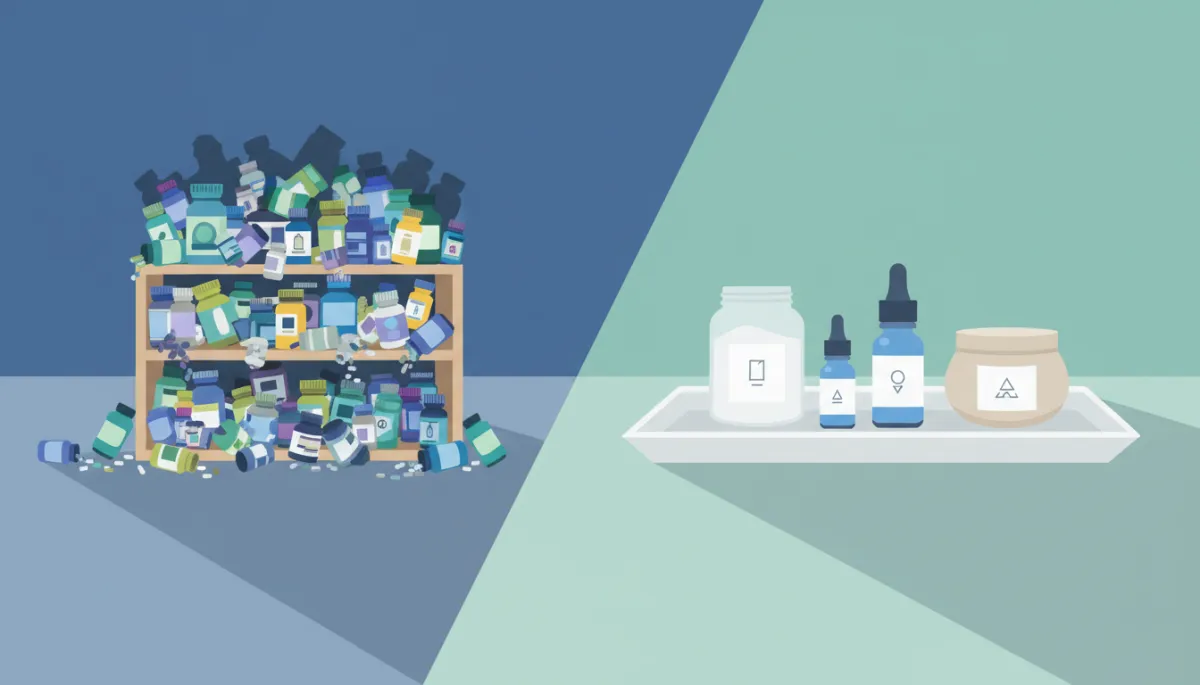 modern clean split illustration showing on one side a cluttered shelf overflowing with supplement bottles, and on the other side a tidy tray with just a few labeled basics, cool shadows palette