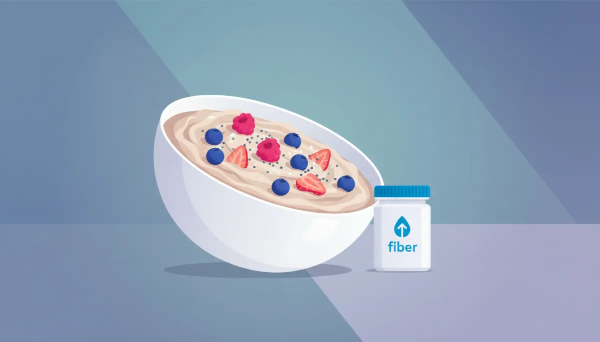 modern clean illustration of a bowl of oats, berries, chia seeds, and a small container labeled 'fiber' on a cool shadows palette background
