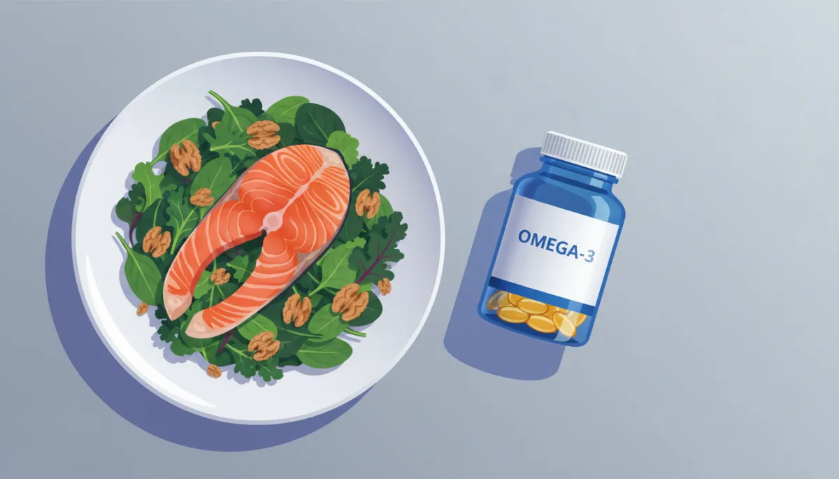 modern clean illustration of a plate with salmon, leafy greens, and walnuts next to an omega-3 softgel bottle, cool shadows palette