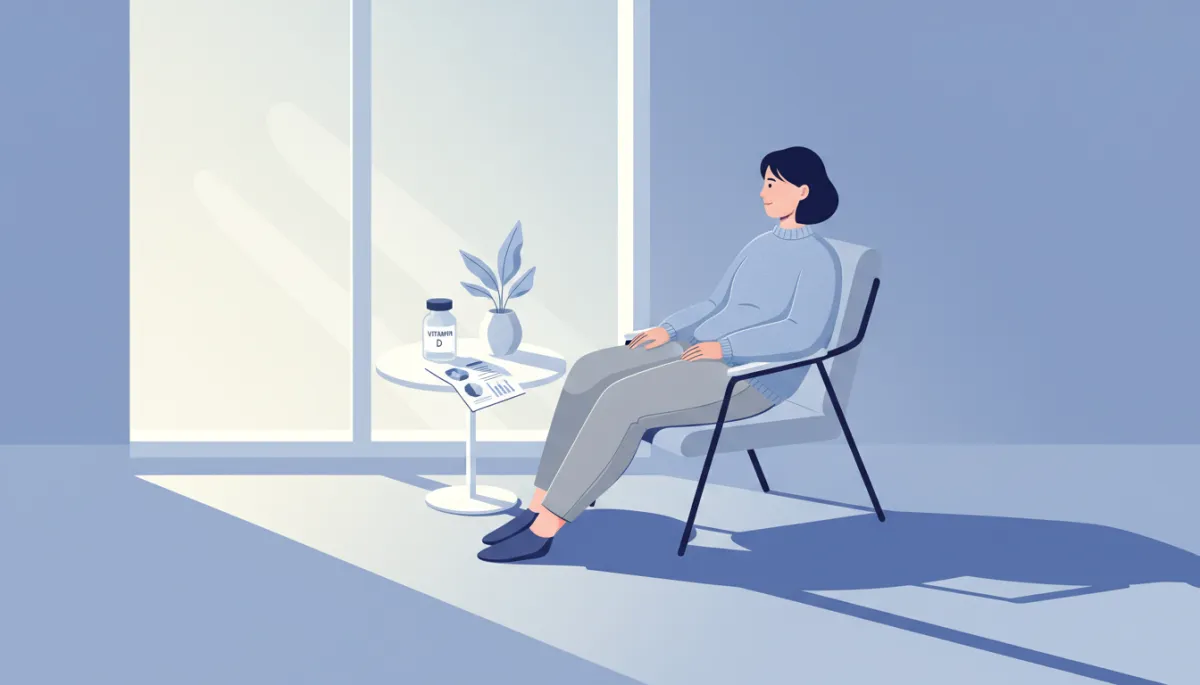 modern clean illustration of a person sitting by a window with soft sunlight, a small vitamin D bottle and lab report on a table, cool shadows palette