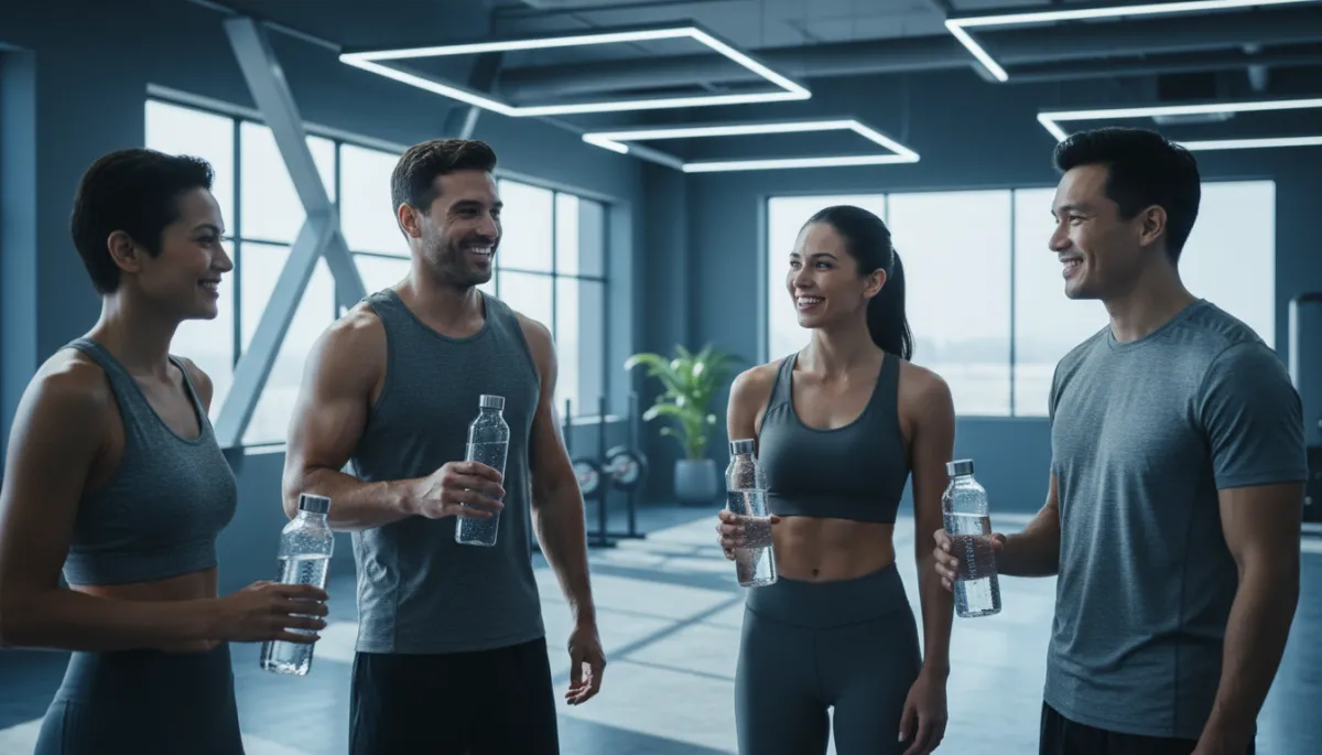 Group of gym-goers holding hydrogen water bottles after a workout Group of gym-goers holding hydrogen water bottles after a workout