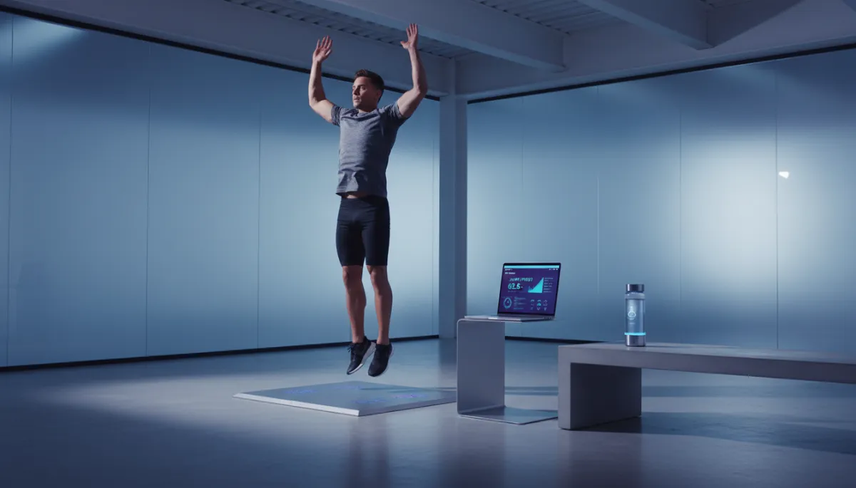 Athlete performing jump test with performance data and hydrogen water nearby Athlete performing jump test with performance data and hydrogen water nearby
