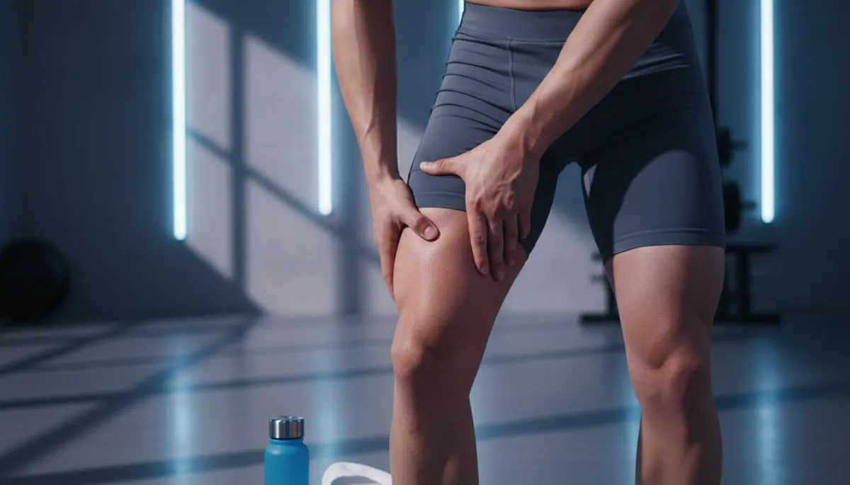 Person recovering from leg workout with hydrogen water bottle nearby Person recovering from leg workout with hydrogen water bottle nearby