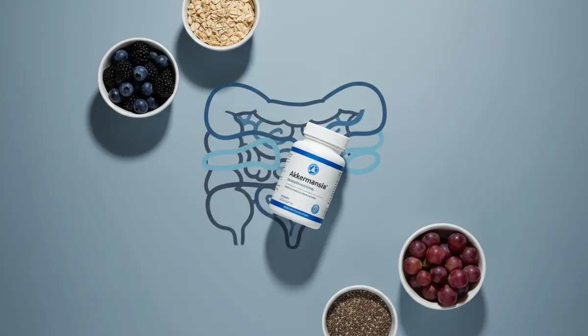 Modern clean flat-lay of Akkermansia supplement concept with gut-friendly foods