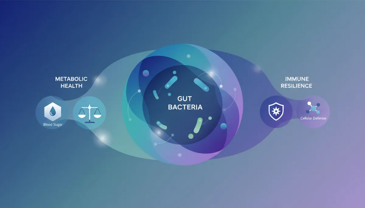 Modern clean infographic linking gut bacteria, metabolism, and immunity in cool shadows colors