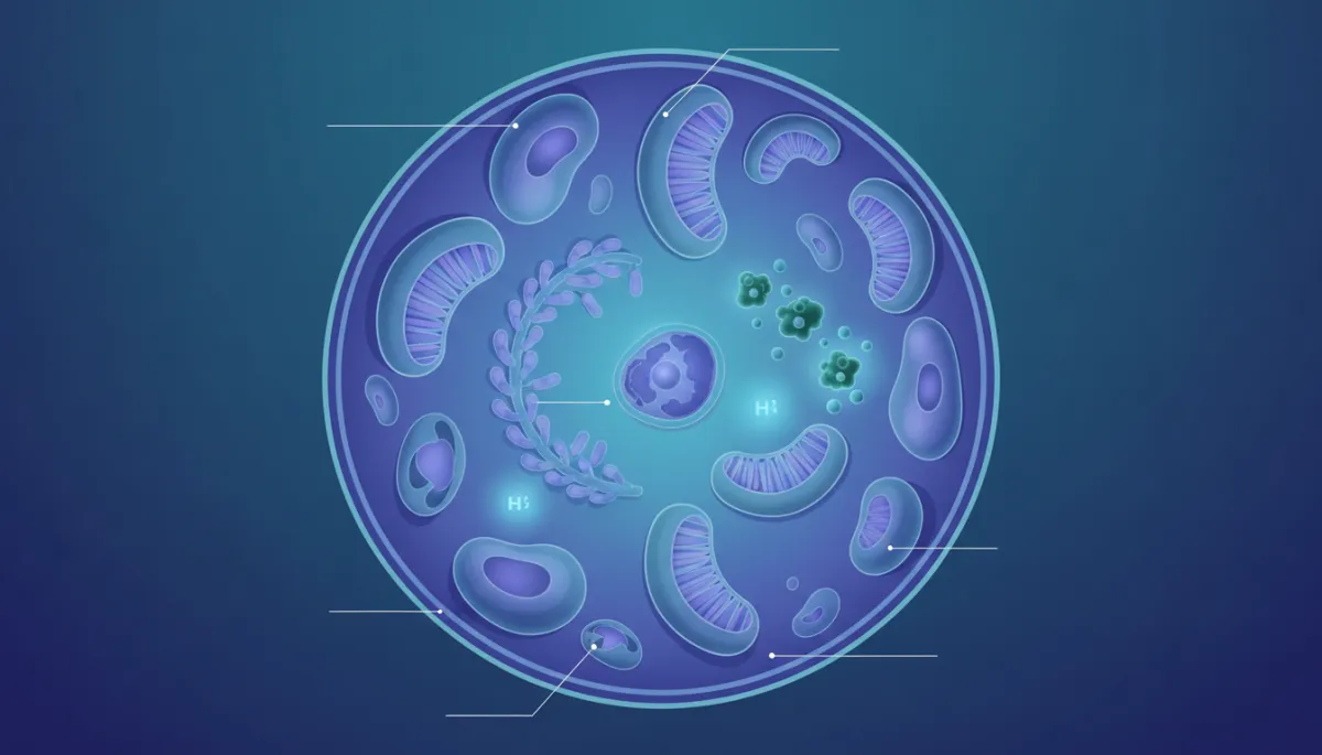Modern clean illustration of hydrogen molecules reducing oxidative stress in a human cell