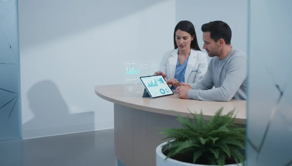 Modern clean illustration of a clinician and client planning hydrogen therapy as part of wellness care
